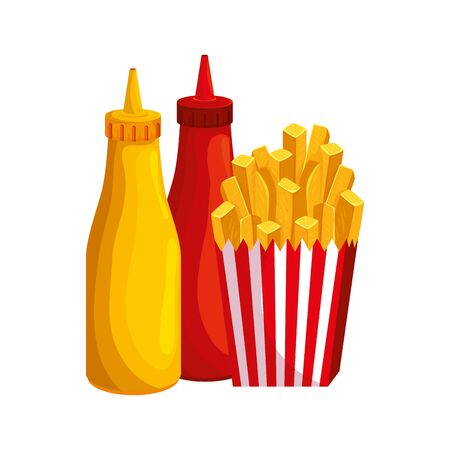 delicious french fries with bottles sauces fast food icon vector illustration designのイラスト素材