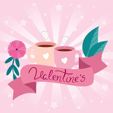 valentines day card with cups coffee and ribbon vector illustration designのイラスト素材