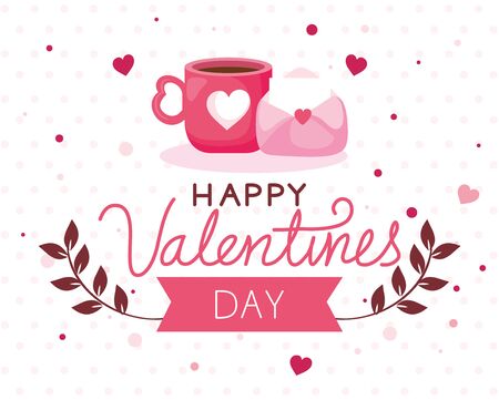 happy valentines day card with cup coffee and decoration vector illustration designのイラスト素材