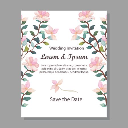 wedding invitation card with branches and flowers decoration vector illustration designのイラスト素材