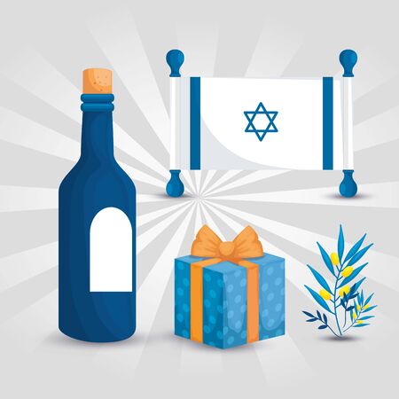 flag israel with bottle wine and icons vector illustration designのイラスト素材