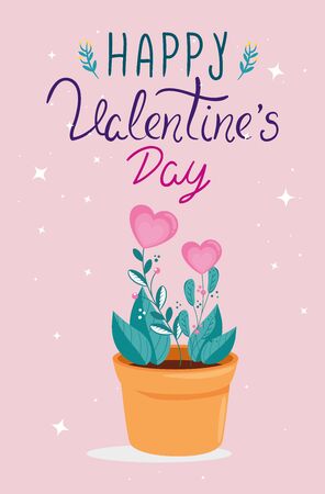 happy valentines day card with flowers in pot plant vector illustration designのイラスト素材