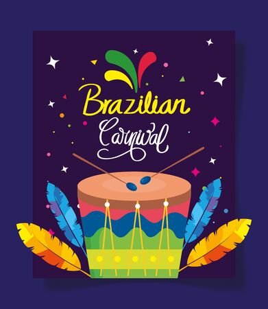 poster of brazilian carnival with drum and decoration vector illustration designのイラスト素材