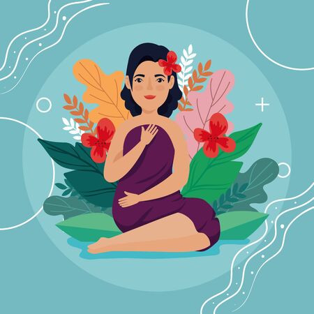 beautiful woman sitting with leafs tropicals vector illustration designのイラスト素材
