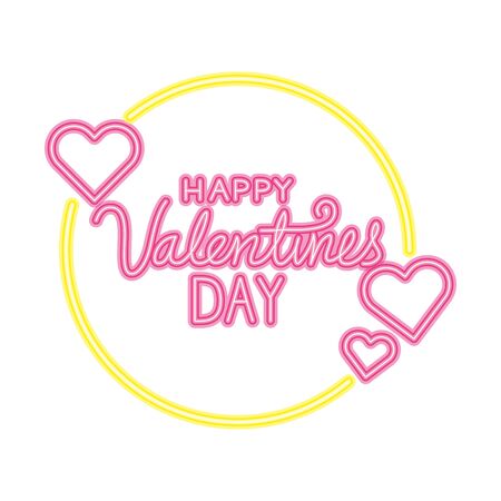 happy valentines day lettering with frame circular and hearts vector illustration designのイラスト素材
