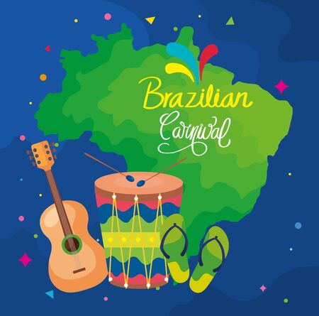 poster of brazilian carnival with map and icons traditional vector illustration designのイラスト素材
