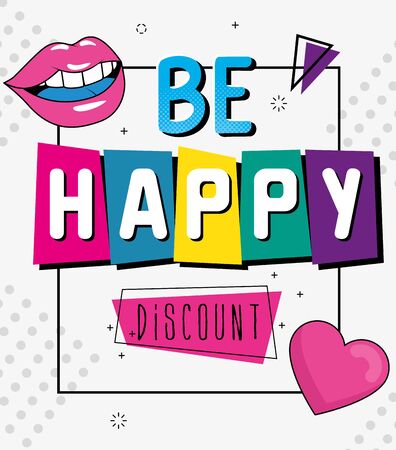 poster be happy discount with lips pop art style vector illustration designのイラスト素材
