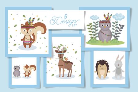 Five designs of cute indians animals cartoons, Zoo life nature character childhood and adorable theme Vector illustrationのイラスト素材