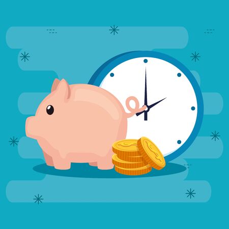piggy bank with coins and clock vector illustration designのイラスト素材