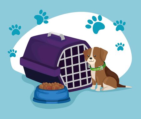 little dog with box transport and dish food animal vector illustration designのイラスト素材