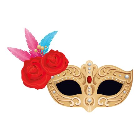 elegant mask with feathers and roses flowers vector illustration designのイラスト素材