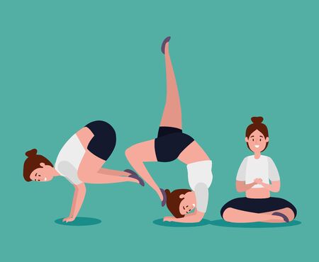 healthy women practice yoga position over blue background, vector illustrationのイラスト素材