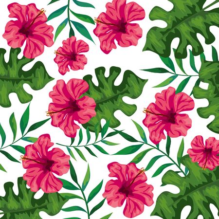 background of flowers of pink color with branches and leafs vector illustration designのイラスト素材