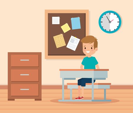 boy child in the classroom with note board and desk to school education vector illustrationのイラスト素材