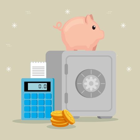 strong box with calculator and coins money over gray background, vector illustrationのイラスト素材