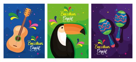 set of poster carnival brazil with decoration vector illustration designのイラスト素材