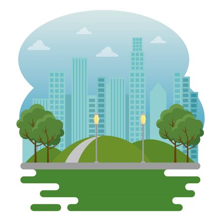 park with trees and mountains with building cityscape to urban cityscape vector illustrationのイラスト素材