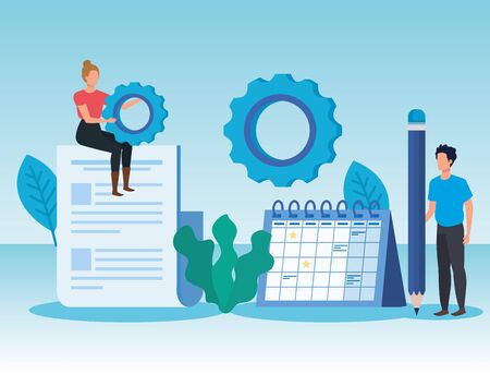 woman and man teamwork with documents and calendar to business strategy, vector illustrationのイラスト素材