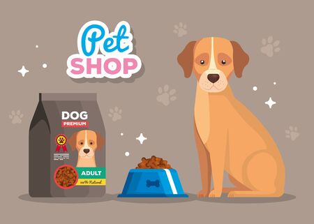 pet shop and dog animal with dish food vector illustration designのイラスト素材