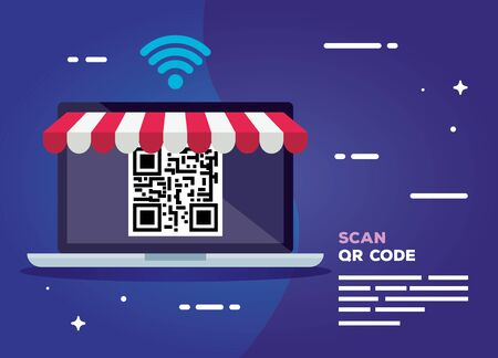 laptop with parasol and scan code qr vector illustration designのイラスト素材