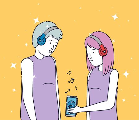 girl and boy with headphones and smartphone technology over orange background, vector illustrationのイラスト素材