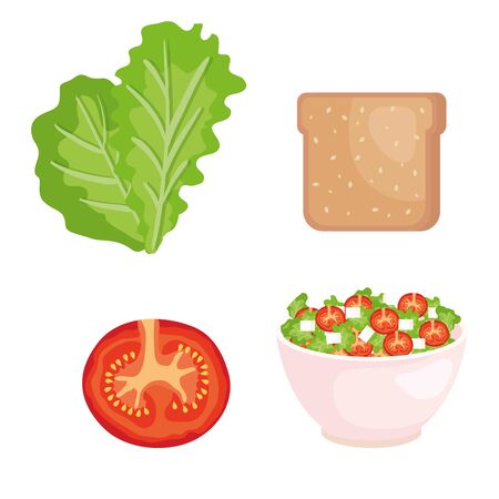set of lettuce with wholemeal bread and tomato with salad over white background vector illustrationのイラスト素材