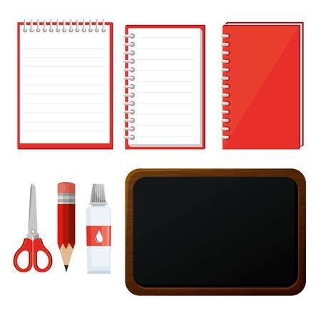set of notebook with scissors and pencil with blackboard over white background vector illustrationのイラスト素材