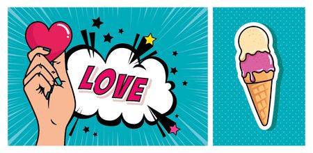 set of hand with heart and ice cream pop art style vector illustration designのイラスト素材