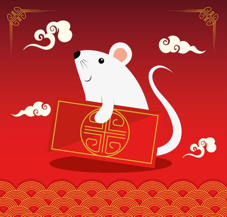 happy new year chinese with rat and decoration vector illustration designのイラスト素材