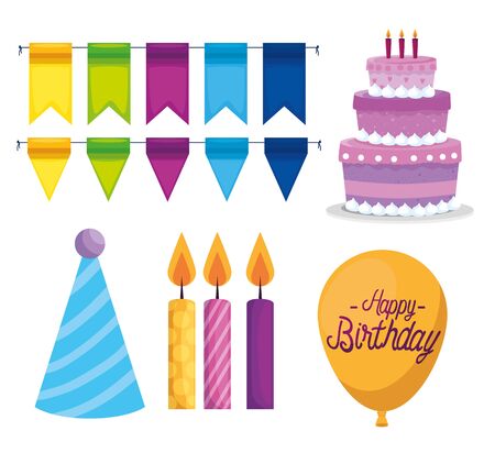 set of happy birthday paty celebration over white background, vector illustrationのイラスト素材