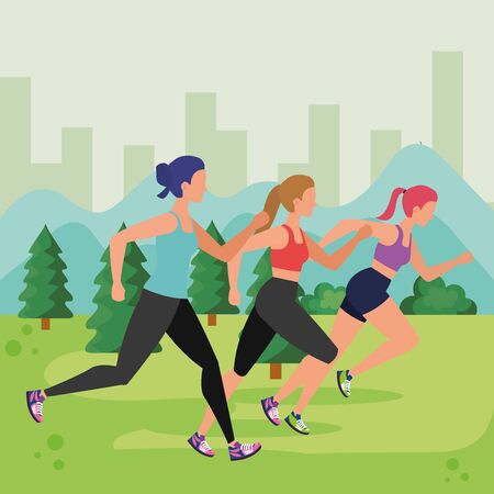healthy women running lifestyle activity with pines trees and bushes, vector illustrationのイラスト素材