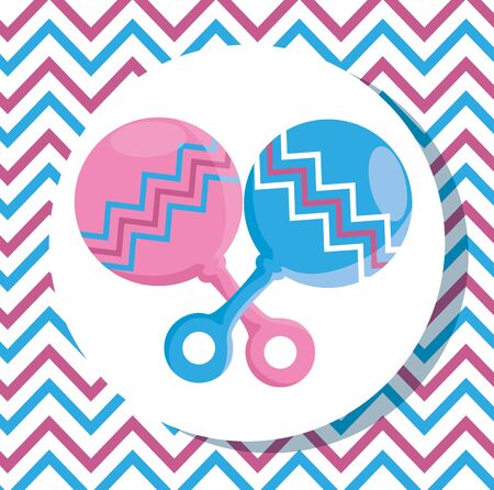label of little girl and boy rattles over geometric lines background vector illustrationのイラスト素材