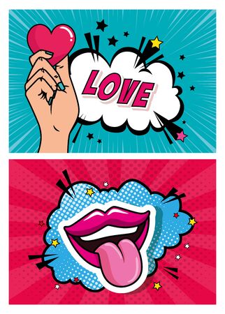set of hand with heart and mouth pop art style vector illustration designのイラスト素材