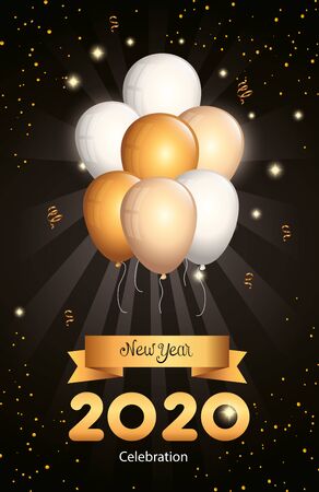 poster of happy new year 2020 with balloons helium vector illustration designのイラスト素材