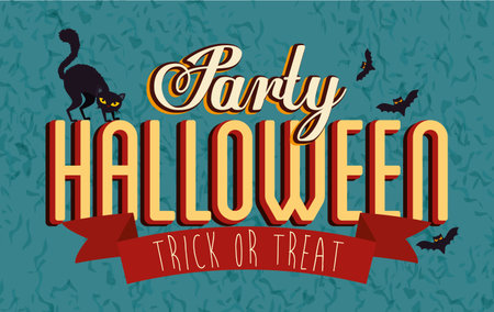 poster of party halloween with cat black and bats flying vector illustration designのイラスト素材