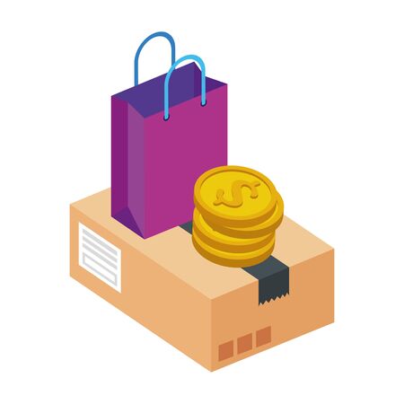 box package with bag shopping and coins isolated icon vector illustration designのイラスト素材
