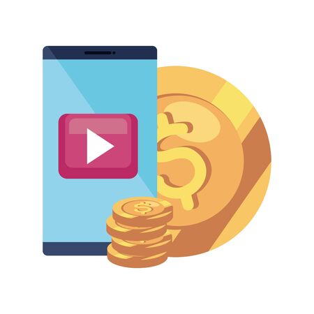 smartphone with play symbol and pile coins vector illustration designのイラスト素材