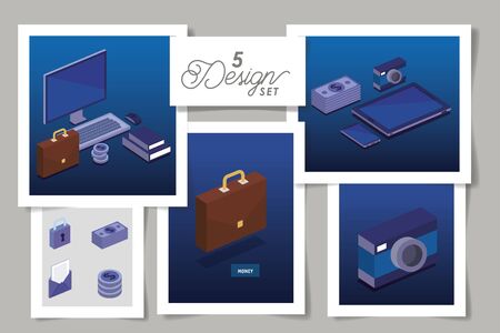 five designs of digital technology and icons vector illustration designのイラスト素材