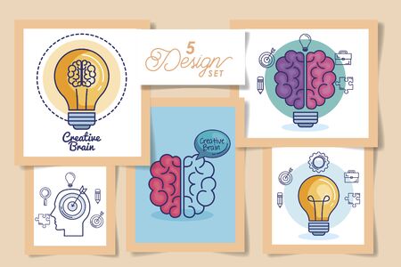 Five designs of human brains, Organ mind science intelligence idea medical head and education theme Vector illustrationのイラスト素材