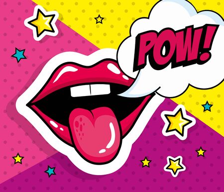 sexy mouth with tongue out and pow expression pop art style vector illustration designのイラスト素材