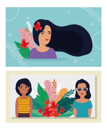 group women with leafs tropicals avatar character vector illustration designのイラスト素材