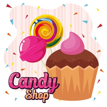 poster of candy shop with cupcake and caramels vector illustration designのイラスト素材