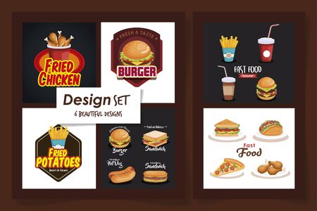 six designs of fast food delicious vector illustration designのイラスト素材