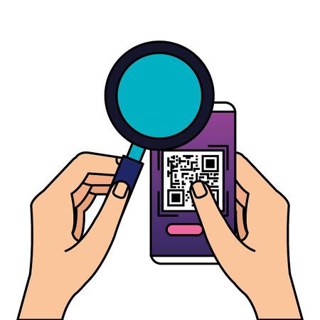 hands using smartphone with scan code qr and magnifying glass vector illustration designのイラスト素材
