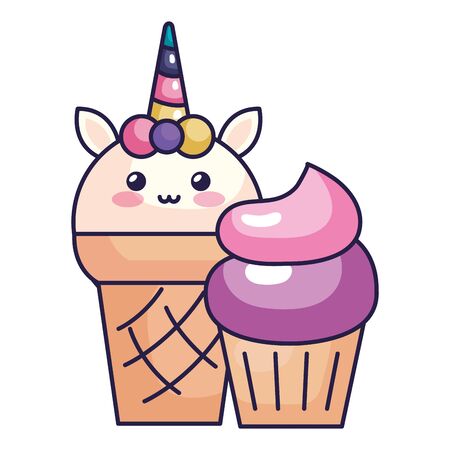 cute unicorn ice cream with cupcake vector illustration designのイラスト素材