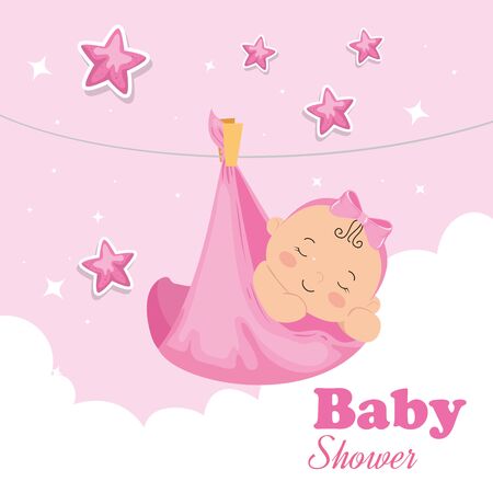 baby shower card with cute baby girl and decoration vector illustration designのイラスト素材