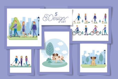 five designs of people with mascots in the park vector illustration designのイラスト素材