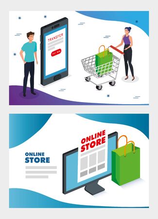 set poster online store with icons vector illustration designのイラスト素材