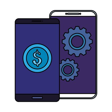 smartphones with coin and gears vector illustration designのイラスト素材