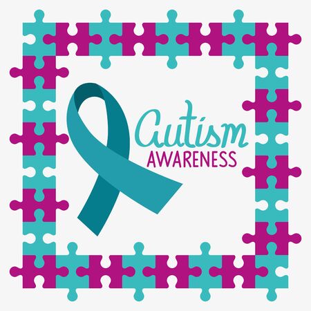 world autism day with ribbon and frame of puzzle pieces vector illustration designのイラスト素材